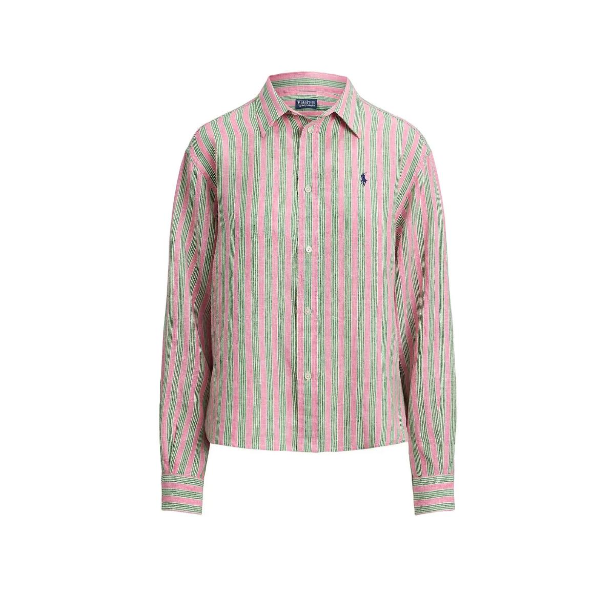 POLO RALPH LAUREN Camicia di Lino Rosa a Righe Verdi con Logo